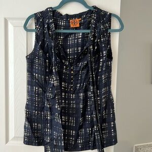 Tory Burch 100% silk v-neck sleeveless blouse with tie and gold buttons. Size 6